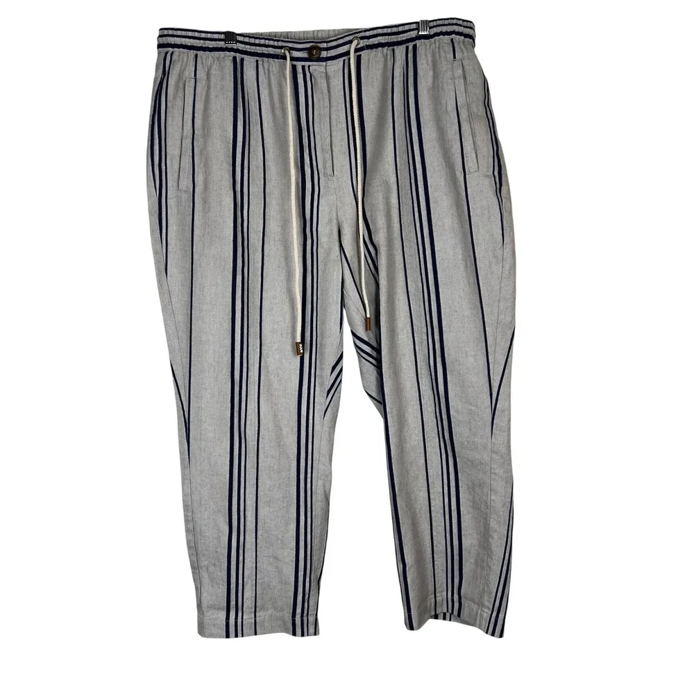 Soft Surroundings‎ Striped Linen Blend Pants Womens 1X Beige Navy Blue Coastal